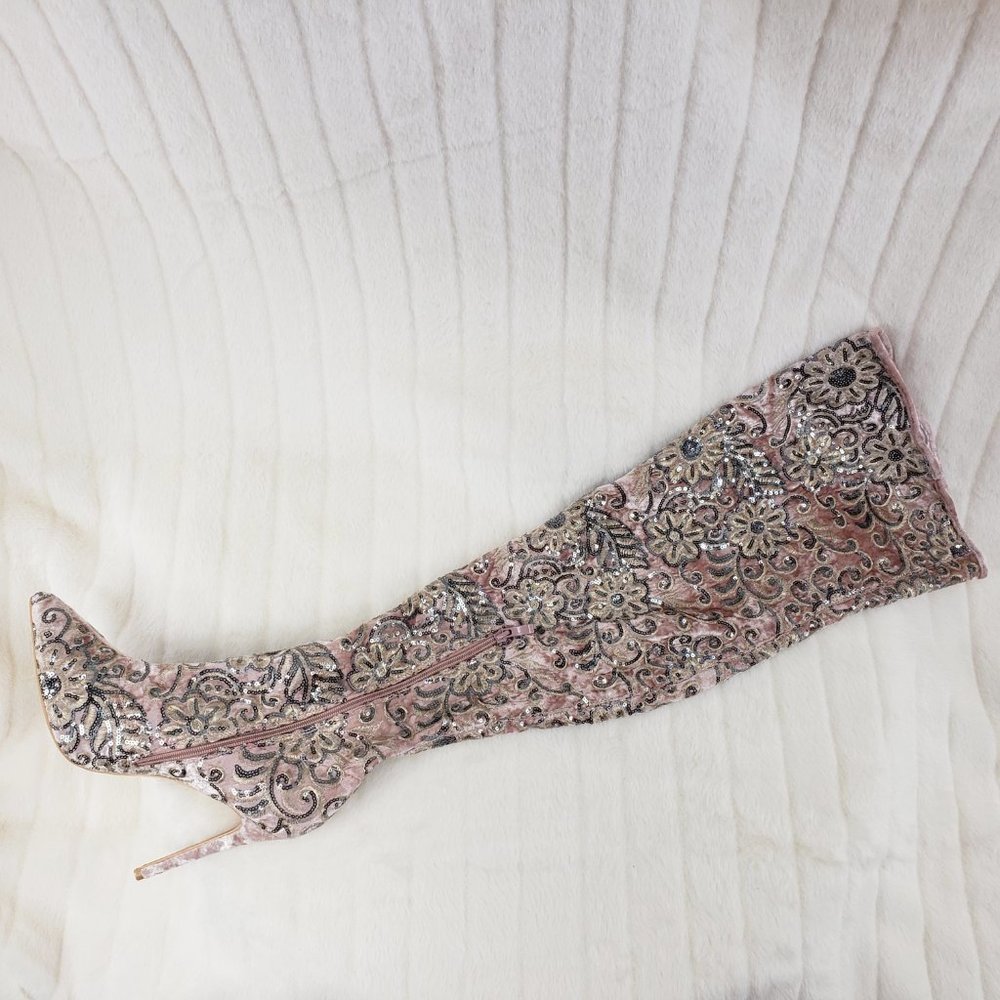 Pink Velvet Floral Embroidered Sequin OTK Boots - Picture 2 of 8